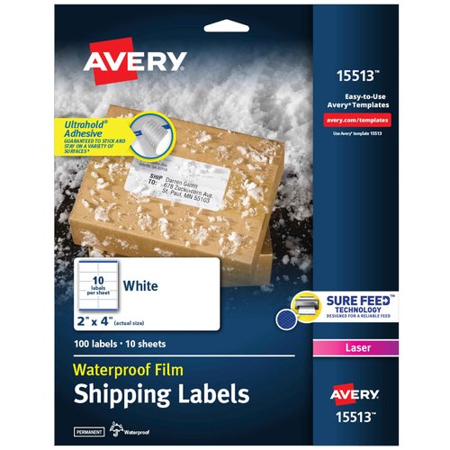 Avery Waterproof Labels with Ultrahold Adhesive, 2" x 4", Case of 500 Labels for Laser Printers (15513)