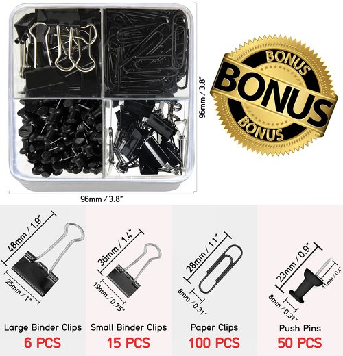 OFFICE ALMIGHTY Black Desk Organizer for Men: Exclusive Large 6 in 1 Mesh Shiny Metal Supplies Organizer with Pen Holders, Folder Holder & Accessories Drawer + BONUS 171 Clips Set w/a Plastic Box