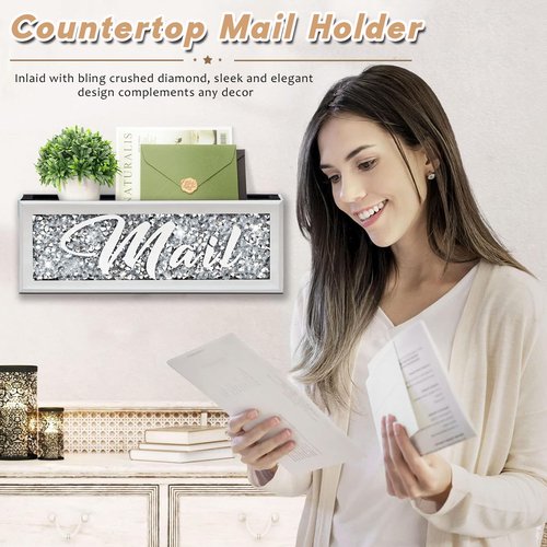WALTSOM Crushed Diamond Mail Organizer, Crystal Mail Organizer Countertop, Mirror Letter Holder, Mail Tray, Mail Holder Box for Desk, Mail Holder for Wall