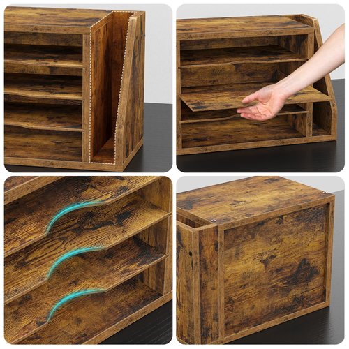 Creso hom File Organizer Desktop, Wood Desk Organizer with 3 Adjustable Shelves, Mail Paper Sorter for Office, Home, File Holders for Envelopes, Mail Supplies or Magazines, Rustic Brown