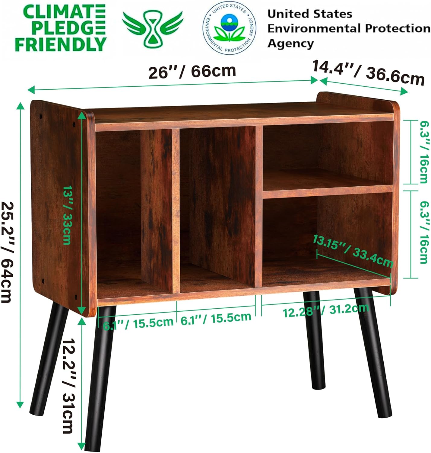 Skiennix Mid-Century Record Player Stand - Vinyl Storage for 150+ Albums | Adjustable Shelves, Brown