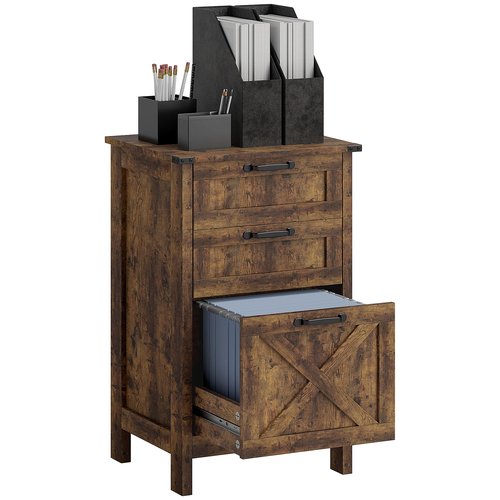 HOMCOM 3 Drawer File Cabinet with Silent Slides, Vertical Filing Cabinet for Hanging A4/Letter Size, Rustic Farmhouse Printer Stand with Storage for Home Office, Rustic Brown