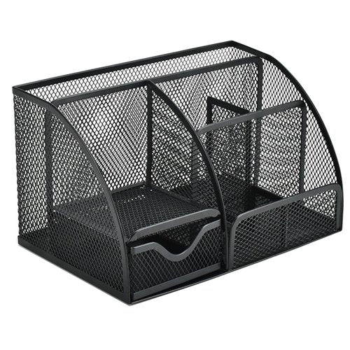 Rkqoa Black Mesh Pen Holder and Organizer Office Supplies with 7 Compartments, Desktop Organizer with Drawer, Metal Pen Holder for Desk, ‎9.1" x 5.9" x 5.5''