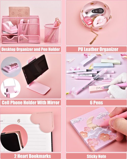 Pink Desk Accessories, 24Pcs Pink Office Supplies and Desk Organizers, with Tape Dispenser, Stapler, Staple Remover, Ect, Fill Your Desktop with Lovely Pastel Colors, Back to School
