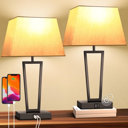 LEDIKON Touch Control Bedside Table Lamps Set of 2, 3-Way Dimmable Modern Black Nightstand Lamps with USB-C & USB-A Ports and LED Bulbs for Bedroom, Living Room, Office