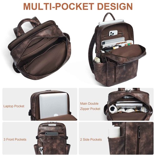 Mroede Leather Laptop Backpack for Women, 15.6 Inch Laptop Travel Backpack Purse Large Capacity Computer Bag, Casual Daypack Nurse Bag College Bookbag for School, Coffee