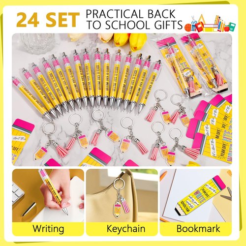 Zenoble 24 Set Back to School Student Gifts Bulk Ballpoint Pens Keychains and Greeting Cards Set First Day of School Gifts for Teacher Classroom Rewards Party Favors