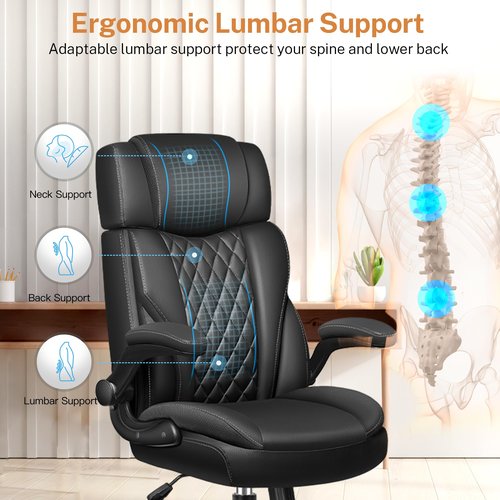 BestGlory Office Chair Flip Up Arms, Executive Leather Office Chair Ergonomic Desk Chair with Lumbar Support, Adjustable Headrest, Computer Chair Home Office Desk Chair with Rocking Function