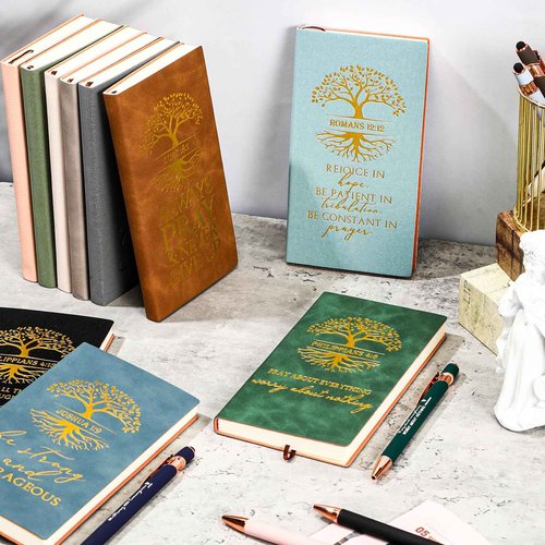 Crtiin 20 Sets/ 40 Pcs Christian Gifts Bulk Religious Notebooks Church Notepads with Motivational Pens Tree of Life Bible Verse Leather Prayer Journal Gifts for Men Women(Neutral Colors)