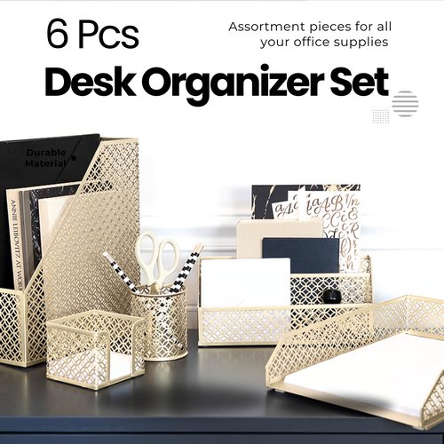 BLU MONACO Gold Desk Organizer Set – Mail Sorter, Sticky Note Holder, Pen Cup, Magazine Holder, Letter Tray & Business Card Holder – Pink Office Decor