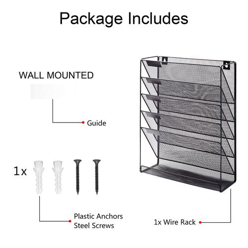 JINGWAYS Hanging Wall File Organizer Magazine Holder Mail Sorter Magazine Rack Office Supplies Metal Mesh Desk Organizer with Bottom Flat Tray, 6 Tier (BLACK)