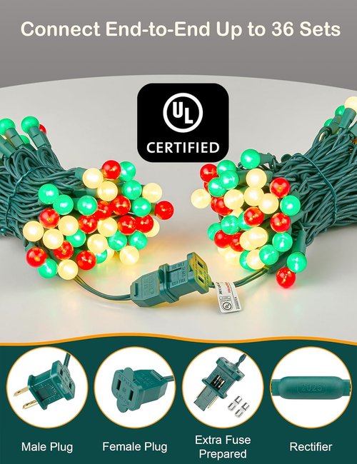 Bohon Christmas Lights - 24FT 70 LED G15 Red, White & Green Globe String Lights | Indoor/Outdoor Decor