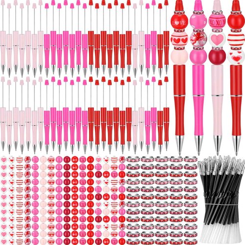 Geyoga 60 Pcs Valentine's Day Beadable Ballpoint Pen Heart Plastic Gel Ink Pen with 180 Assorted Love Beads 60 Rhinestone Beads for Valentines DIY Crafts Office School Students Gifts Party Supplies