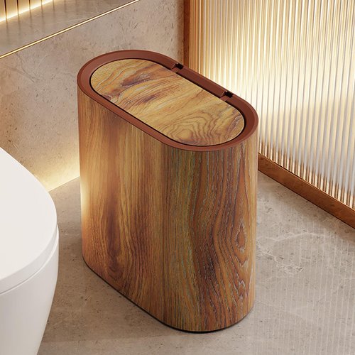 Bathroom Garbage Can with Lid, Plastic Wood Grain Finish Pattern Trashcans with Press Type Lid, Narrow Kitchen Trash Can, Durable & Space-Efficient Design, Hand-Press Lids Mechanism (Brown)