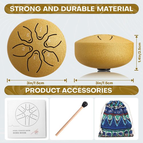 Facmogu 3 Inch 6 Notes Rain Drum for Outside Garden, Steel Tongue Drum Hand Drums with Bag Sticks Music Book, Mini Chakra Drum Musical Education Entertainment Gifts for Kids - Gold (Bowling Pattern)