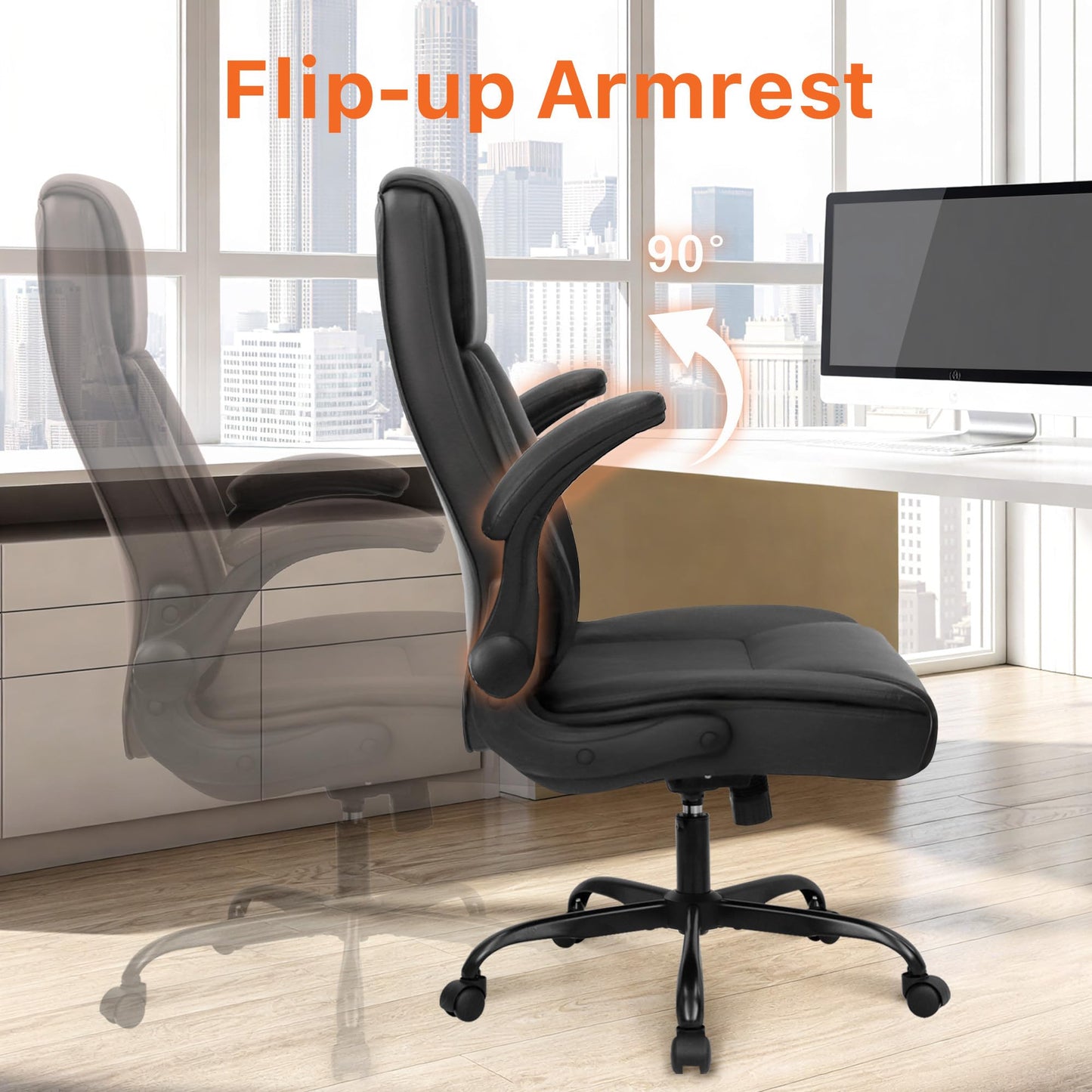 NEO Chair Ergonomic Office Chair PU Leather Executive Chair Padded Flip Up Armrest Computer Chair Adjustable Height High Back Lumbar Support Wheels Swivel for Gaming Desk Chair