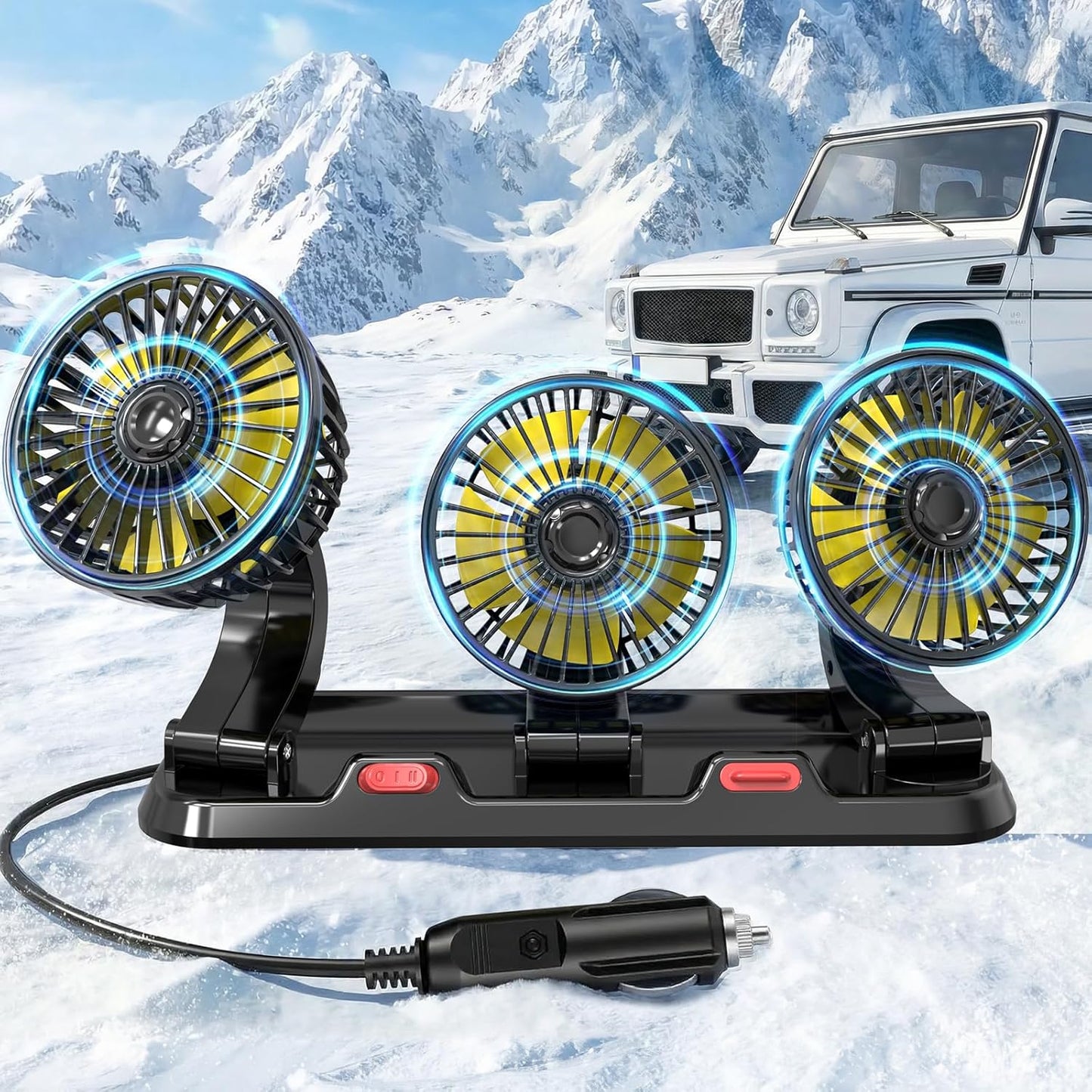 Skiennix Portable 3-Head Car Cooling Fan - Efficient Vehicle Air Circulation | Cigarette Lighter Plug