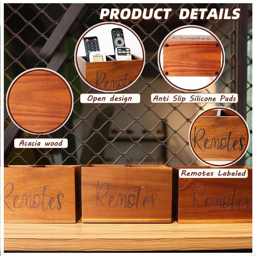 Remote Control Holder, Wooden TV Remote Holder for Table, Remote Organizer Caddy for Home Decor, Remote Box for Nightstand, Brown Labeled "Remote", 2 Slot - 7.3 Inch