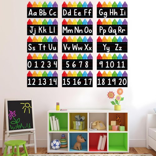 15 PCS Alphabet Bulletin Board Strips Set Alphabet Crayon Bulletin Board Posters ABC Number Line Wall Decor Die-Cut 26 Letter and 0-20 Number Border for Kindergarten Classroom Playroom Bedroom Decor