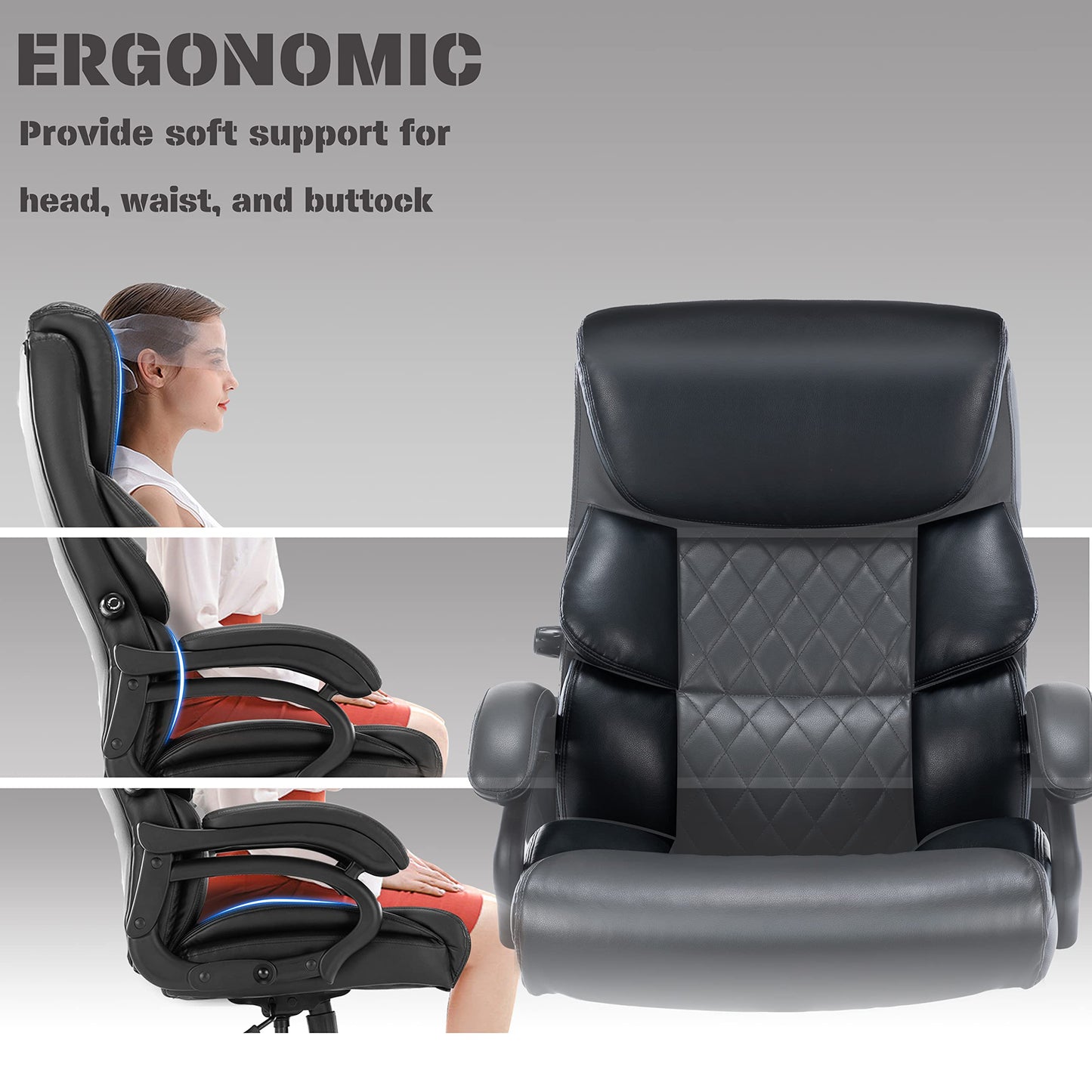 Big and Tall Office Chair- 500 LBS Heavy Duty Executive Rolling Office Chairs for Heavy People with Adjustable Lumbar Support High Back Faux Leather Computer Office Chairs Wide Seat Plus Size Black