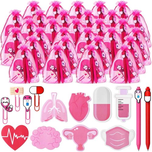 Saypacck 96 Pcs Nurse Gift Set of 24, Includes Pens Sticky Notes Bookmarks and Bags for Appreciation Nurses Week Gifts Hospital Student Essentials Medical Assistants Supplies(Pink White,Cute)