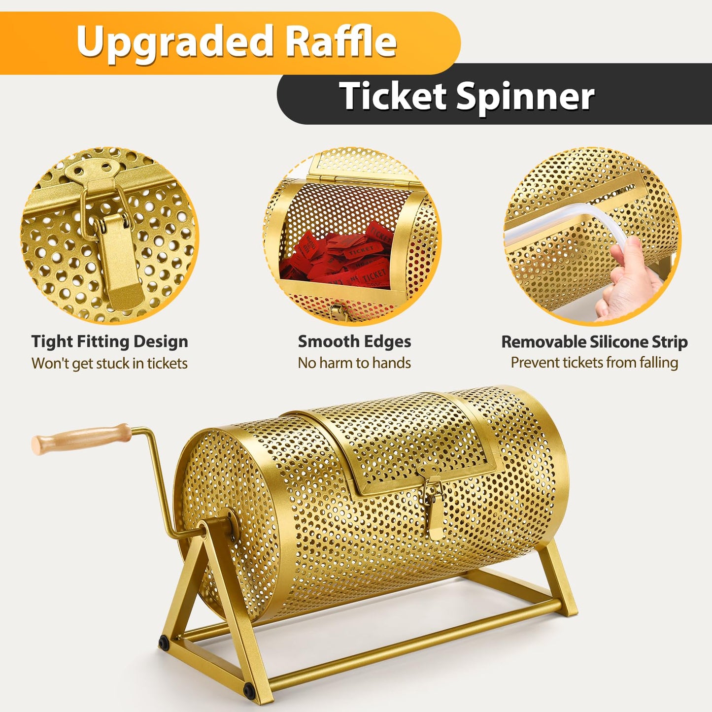 Raffle Drum 15" x 7" Holds 3,000 Tickets, Thickened Metal Raffle Ticket Spinner Box with Sealing Tape, Silent Design Raffle Ticket Cage with Wooden Turning Handle & Stable Tripod Stand for Games
