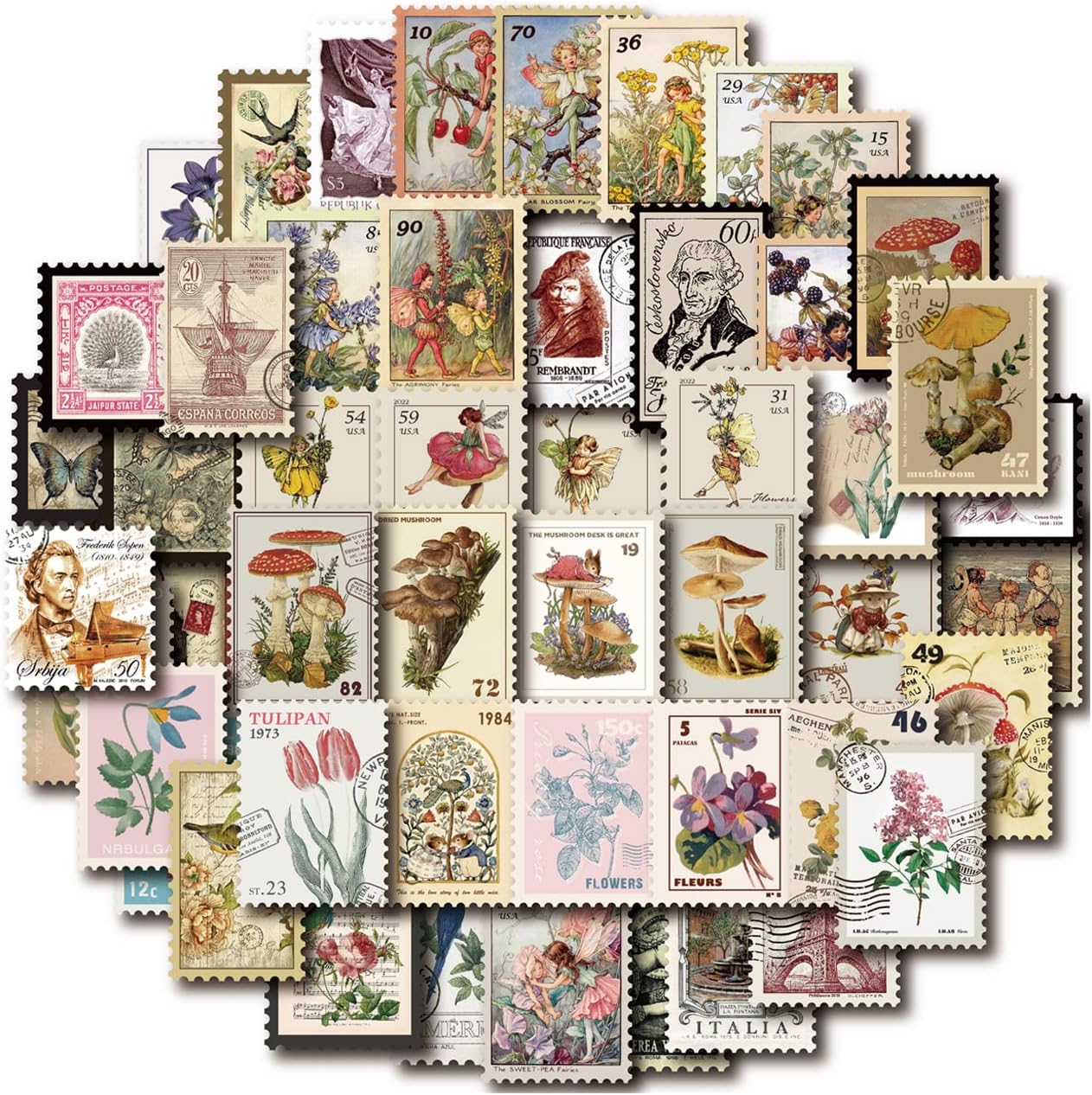 Skiennix Vintage Postage Stamp Stickers - 100 Pcs Deco Paper for Scrapbooking & DIY Crafts | Botanical Fairy Design