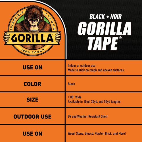 Gorilla Duct Tape, Black Tape, 1.88" x 50 yd (Pack of 6) - Heavy Duty and Weather Resistant for Indoor or Outdoor