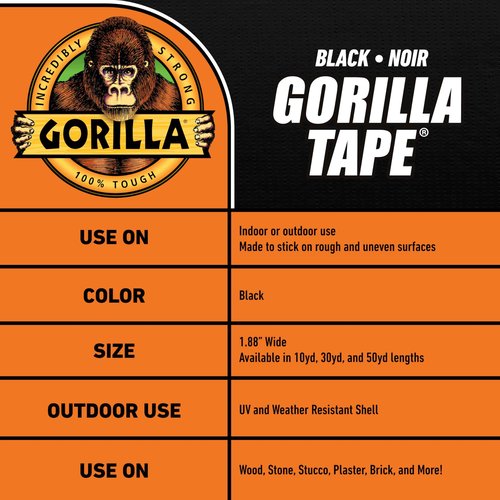 Gorilla Duct Tape, Black Tape, 1.88" x 35 yd (Pack of 2) - Heavy Duty and Weather Resistant for Indoor or Outdoor