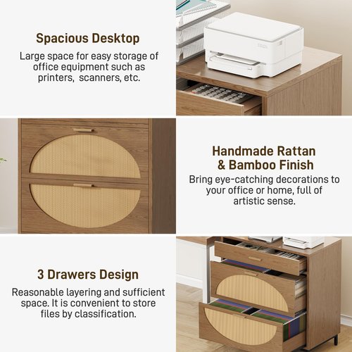 Lateral File Cabinet with 3 Drawers, Eco Rattan Wood File Cabinet for Home Office, Large Filing Storage Cabinets Printer Stand for Letter/Legal/A4 Size Hanging File