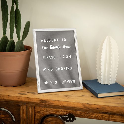 HBCY Creations 12"x17" Felt Letter Board - Solid Wood Frame - White Wash - Gray Felt - 389 PP Letters Including Numbers, Symbols, Icons - Canvas Carrying Case