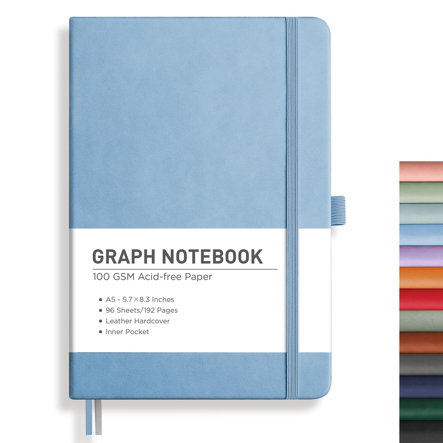 RETTACY Graph Grid Paper Notebook, 192 Pages, A5 Medium Size (5.7'' x 8.3''), 5 Squares per Inch, Leather Hardcover, 100 GSM Thick Paper, for School, Students, Math, Engineering (Light Blue)