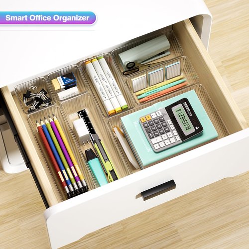 25 PCS Clear Plastic Drawer Organizer Set - 4 Sizes Makeup Organizer Desk Drawer Divider Bathroom Organizers and Storage Bins for Makeup, Jewelry, Gadgets, Office, Kitchen, Bedroom, Bathroom