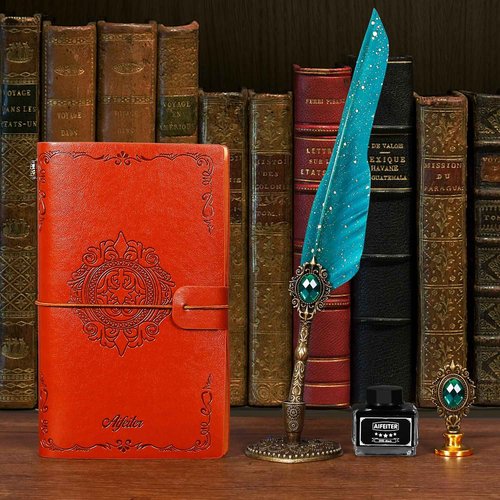 Aifeiter Quill Pen and Ink Set, Feather Calligraphy Set With Wax Seal Stamp, Notebook - Beautiful Gift for Christmas - Green