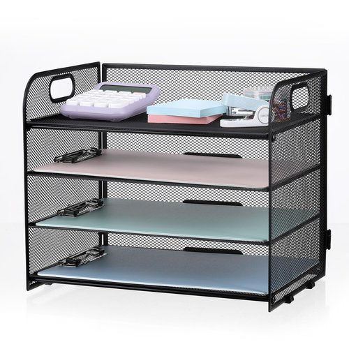 NCXTKJ 4-Tier Mesh Letter Tray Paper Organizer, Desk File Organizer with Handle - Black