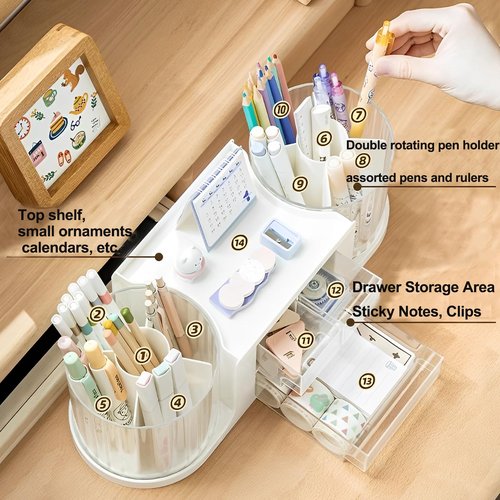 INSTOME Rotating Desk Organizer with 2 Pen Holders & 3 Drawers – All-In-One Multifunctional Storage with Butterfly Sticker for Office, School, or Home | Neutral Beige & Cream Aesthetic