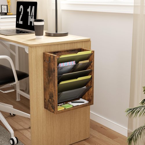 Creso hom Hanging Wall File Organizer, 6 Tier Wood Wall File Holder with 2 Hooks, Mail Organizer Wall Mounted with Bottom Flat Tray, Vertical Paper Desk Storage for Office, Home, Rustic Brown