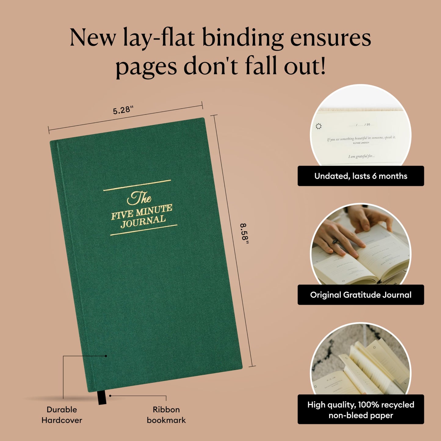 Intelligent Change The Five Minute Journal, Original Daily Gratitude 2025, Reflection Manifestation for Mindfulness, Undated Daily with Gold Foiling, Plastic-Free, Green