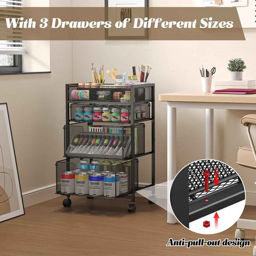 4-Tier Rolling Utility Cart with 3 Drawers, Craft Organizer and Storage with DIY Divider, Art-Craft Supplies with Caster Wheels, Multi-Functional Storage for Classroom, Office, Paints, Artifacts