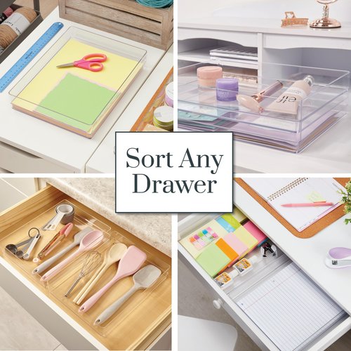 STORi SimpleSort 2-Piece Stackable Clear Drawer Organizer Set | 12" x 9" x 2" Rectangle Trays | Wide Makeup Vanity Storage Bins and Office Desk Drawer Dividers | Made in USA