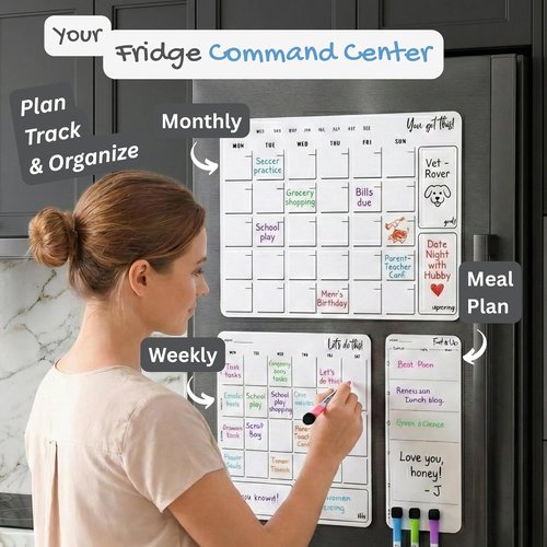 Magnetic Dry Erase Calendar by [Brand Name] - 3 Pack Monthly Whiteboard Meal Planner with 4 Markers | Daily & Weekly Schedule for Kitchen & Office