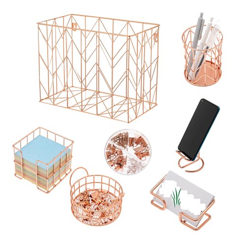 Fei Bi Hanging Rose Gold File Organizer, equipped with a 6-piece set of rose gold desktop accessories