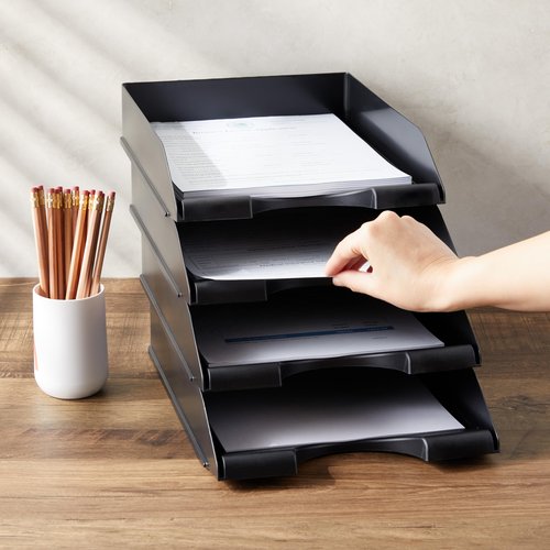 Stockroom Plus 4 Pack Black Stackable Paper Trays for Letter Documents, Desktop File Organizers for Office Supplies, Stackable Desk Tray Holder for Paper Storage (10 x 13.45 x 2.5 in)