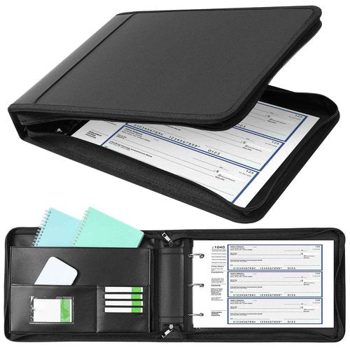 Henoyso 3 Rings Fireproof Business Check Binder with Zipper 1.5 Inch D Rings 3 on a Page Fit 3 & 9 Holes Check 600 Sheets Capacity Organizer Binder for Office Storage End Stub Deskbook(Black)