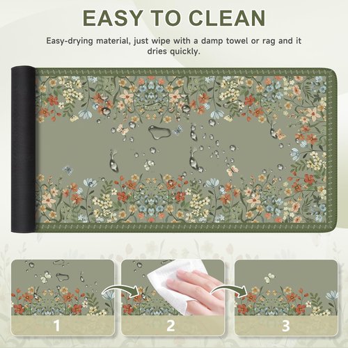 iCasso Desk Mat for Keyboard and Mouse,Large Keyboard Mat Non-Slip,Cute Desk Pad with Stitched Edges,Floral Mousepad for Women,Girly Computer Mat for Home Office Gaming(Sage Green)