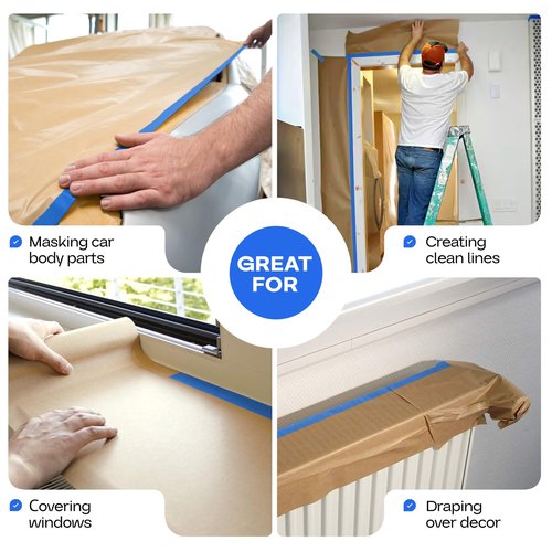 IDL Packaging Masking Kit - 9" x 60 Yards Brown Masking Paper (1 Roll) & 1.41" x 60 Yards Blue Tape (1 Roll) & Manual Paper/Tape Dispenser (Built-in Blade)