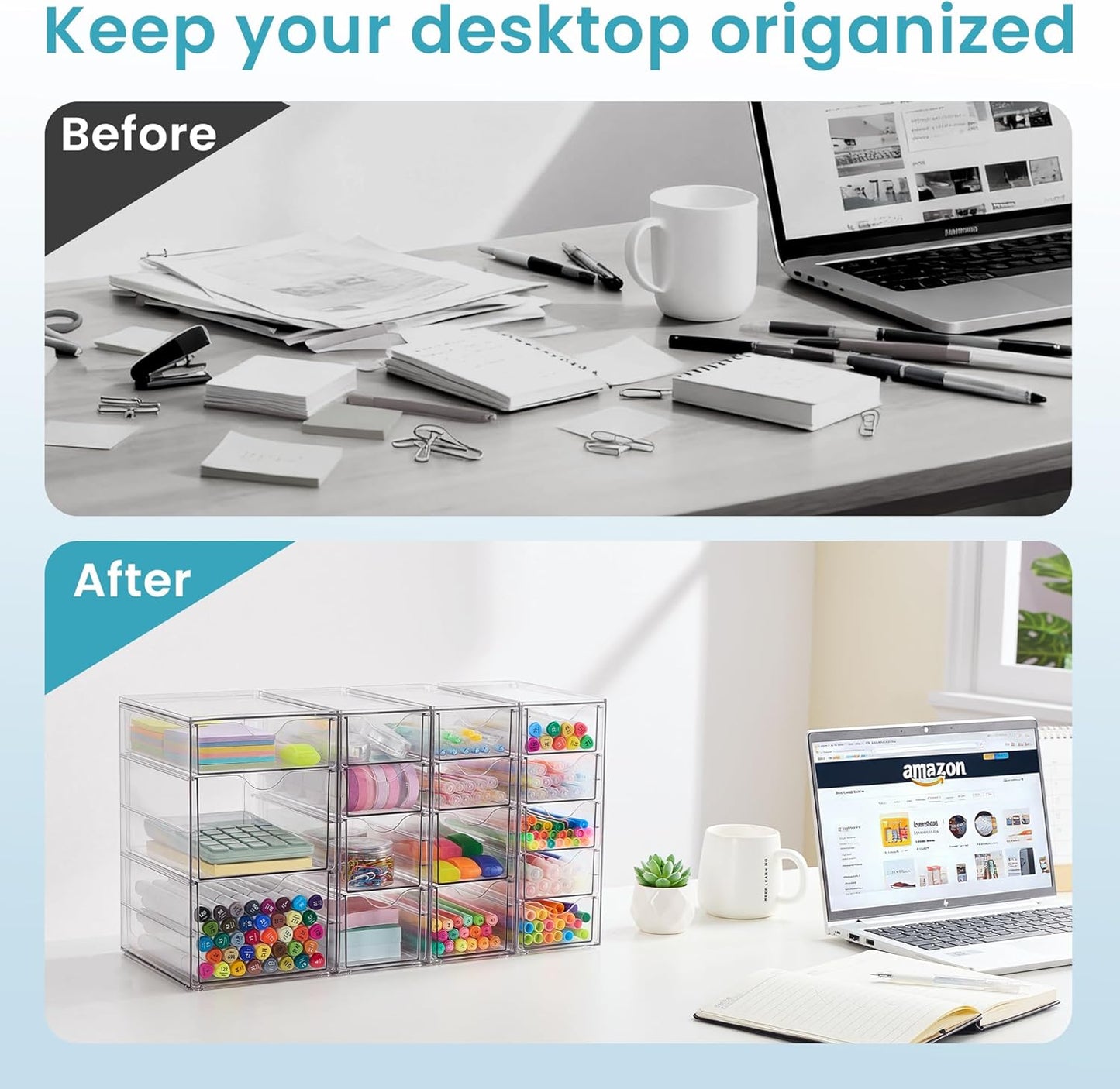 Vtopmart Clear Desk Organizer Set - 4-Piece Acrylic Storage with 16 Drawers for Office Supplies & Makeup