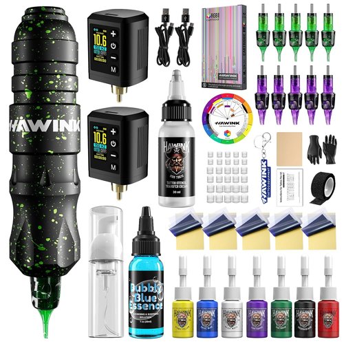 HAWINK Tattoo Gun Kit - LCD Power Supply, 3.7V Lithium Battery, 7 Inks & Stencil Gel | Complete Set
