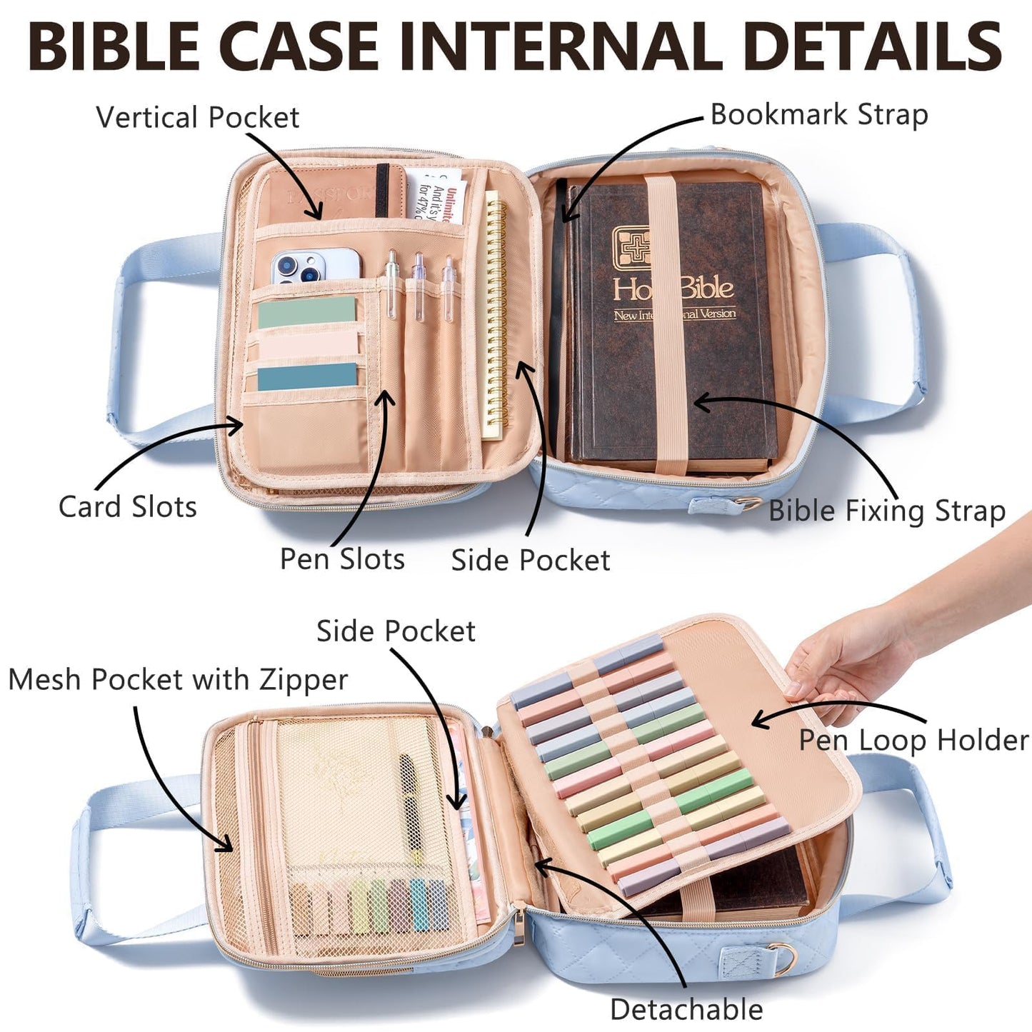 Bible Cover Case for Women, Large Bible Bag Bible Study Supplies Accessories Journaling Kit with Highlighters Tabs, Quilted Book Carrying Cases with Shoulder Strap, Christian Easter Gifts for Women
