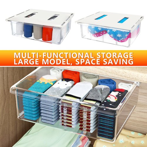 3 Pack Under Desk Drawer Organizer, Slide Out Desk Drawer, Clear Plastic Drawer Under for Office, School, Home, Hidden Desktop Organizer Pen Holder for Self-Adhesive (Clear, 3 Size)